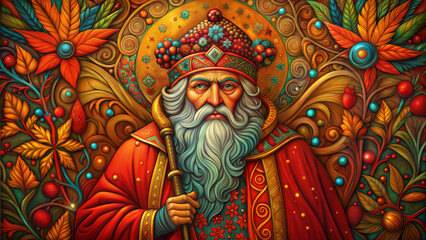 Fototapeta premium Fairytale king in a vibrant costume holding a staff against a decorative artistic background 
