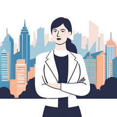 Successful businessmen and women standing with arms crossed looking at each other and city in the background.