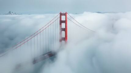Fototapeta premium Aerial view of a bridge towering through thick clouds, creating a surreal and breathtaking scene.