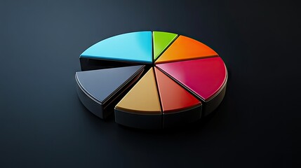 Fototapeta premium Detailed 3D pie chart with metallic textures, each segment separated slightly, dark background