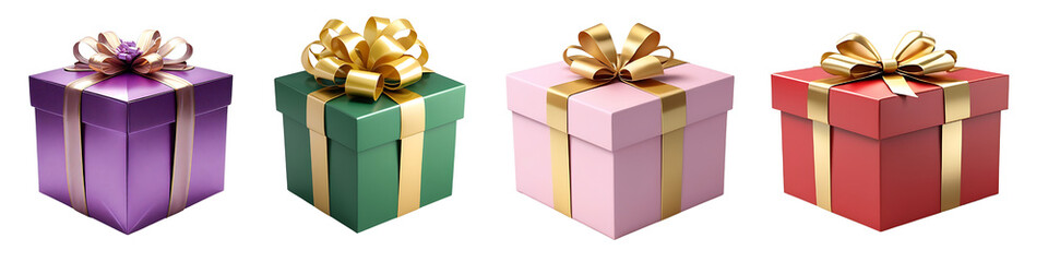 set of four color gift boxes with golden ribbon bow isolated on transparent background