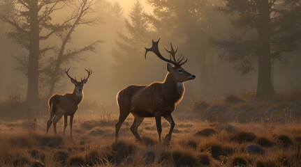 A heartwarming scene of a stag and its fawn sharing a nuzzle in a misty, golden landscape that epitomizes the bond between parent and offspring in the wild. generative.ai