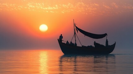 Dhow at dawn, with fishermen preparing their equipment for a day at sea, a scene steeped in Arabic maritime tradition.