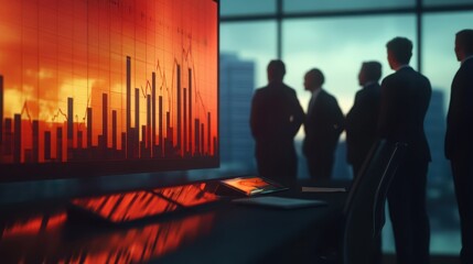 Businessmen Silhouetted Against a Large Screen Displaying a Financial Chart