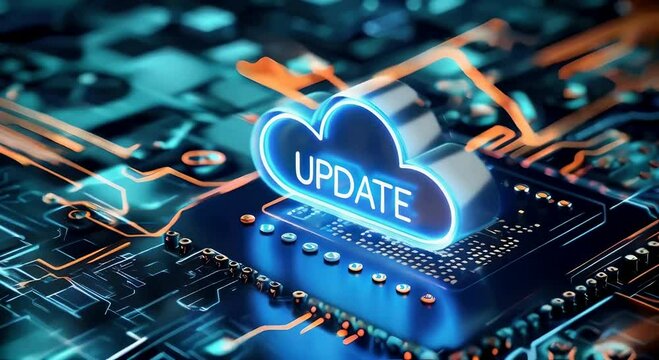 Digital glowing cloud icon with text Update on circuit board background, technology software update concept, cloud computing