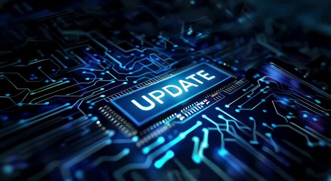 Blue circuit board background with the word Update representing software update technology and innovation, digital upgrade, data processing