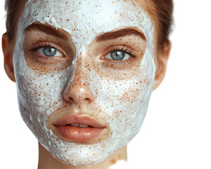 Freckled Model with a White Clay Mask on Her Face, Radiating Freshness and Cleanliness, Isolated on a Transparent PNG Background   