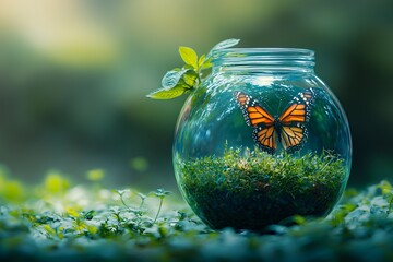 A striking image featuring a butterfly in a glass globe over greenery, ideal for Business themes related to sustainability and environmental protection for World Environment Day.