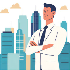 Successful businessmen and women standing with arms crossed looking at each other and city in the background.