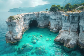 Stunning coastal cave along the turquoise waters and rocky cliffs of a serene secluded bay at dawn