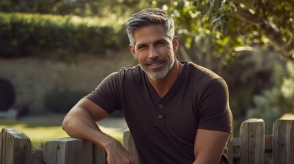 Smiling Mature Man Enjoying Outdoor Serenity in Garden