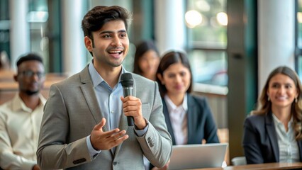 Indian students practicing public speaking in a classroom, building confidence and communication skills.
