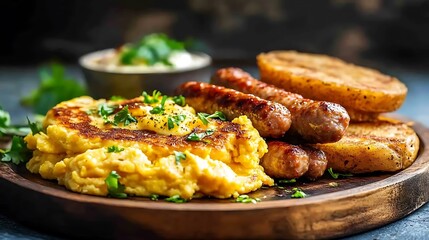 A classic breakfast platter with fluffy scrambled eggs, sausage links, and hash browns