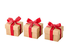 Gift Boxes with Red Ribbons in Eco Paper, Festive Cartoon Style, Isolated on a Transparent PNG Background   