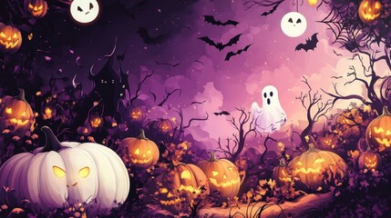 Fototapeta premium Enchanted Halloween Night: Spooky Ghosts and Magical Pumpkins