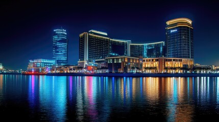 Fototapeta premium Duba Festival City illuminated at night, showcasing the Hotel Crowne Plaza and Hotel Intercontinental with their lights reflecting on water.