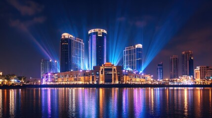 Obraz premium Duba Festival City illuminated at night, showcasing the Hotel Crowne Plaza and Hotel Intercontinental with their lights reflecting on water.