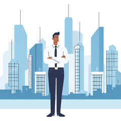 Successful businessmen and women standing with arms crossed looking at each other and city in the background.