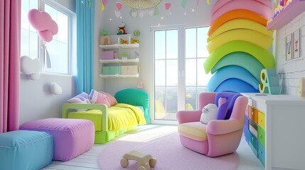 Vibrant children's bedroom featuring a rainbow-themed wall and bright, cheerful furniture. The room is bathed in natural light from large windows, creating a joyful atmosphere perfect for a playful