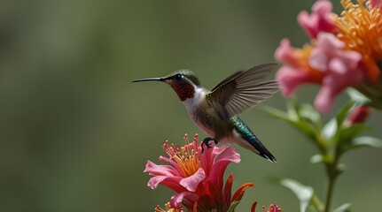 Fototapeta premium Delicate iridescent hummingbird perches on outstretched hand, its tiny talons grasping gently, amidst lush green foliage and vibrant flowers in a serene natural setting. generative.ai
