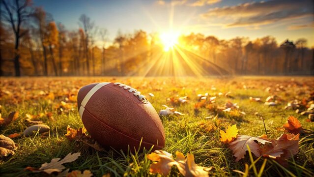 Vintage football on autumn field with sunlight in background, perfect for fall sports or nostalgia-themed projects