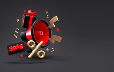 Black Friday sale announcement banner background template with a megaphone and commercial stuff on a dark scene and copy space in 3D illustration. Promotional marketing discount and shopping concept