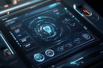 Futuristic Interface with Blue Glowing Buttons and a Central Control Panel