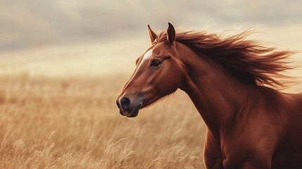 Obraz premium Brown horse in field with mane blowing in the wind
