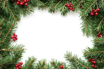 A simple and elegant frame made of green pine branches adorned with red berries.