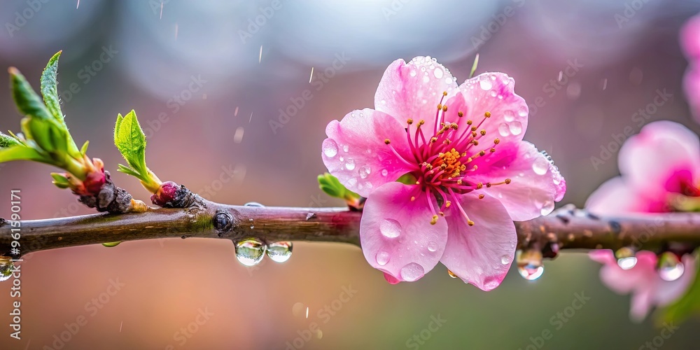 Poster Close-up of pink flower on tree branch with water drops on damp ground, soft focus background