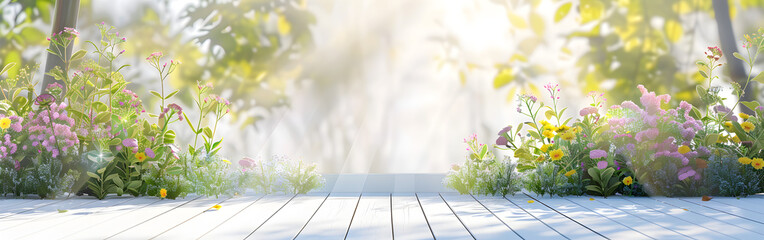 Spring flowers along wooden pathway surrounded by blossoming trees in the background