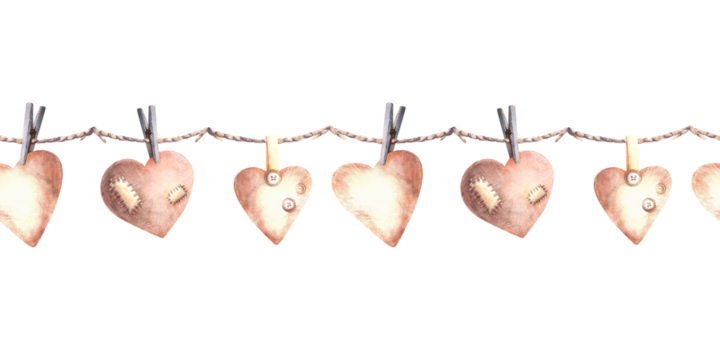 Textile Heart on clothespin hanging on a rope with patches and buttons. Watercolor seamless border Valentines Day handmade beige deco Love, gift wrapping Painted Illustration Isolated white background