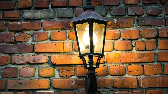 Vintage lantern on a brick wall, warm glow. Urban street decor concept