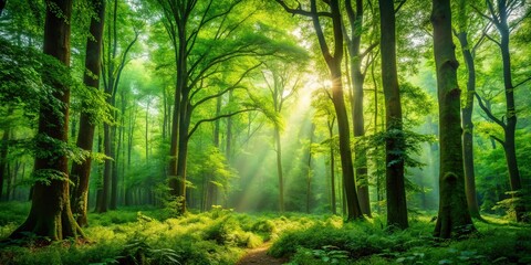 Fototapeta premium A stunning image of a lush green forest with vibrant foliage and towering trees