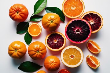 Colorful Citrus Fruit Arrangement with Kumquats Blood Oranges Calamondin and Bergamot on Bright White Background