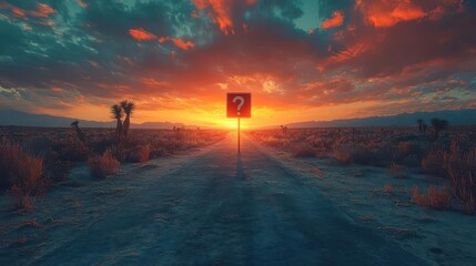 surreal desert road with question markshaped sign winding path leads to shimmering mirage vibrant sunset colors blend reality and imagination