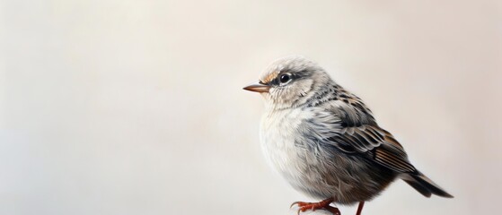 Fototapeta premium A small bird perches on a drab wooden plank against a blank, white wall with a light-toned backdrop