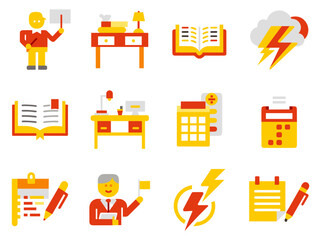 A collection of study, education, office and management icons with documents and tools in flat style