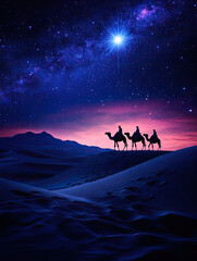 The three wise men with their camels following the star through the desert