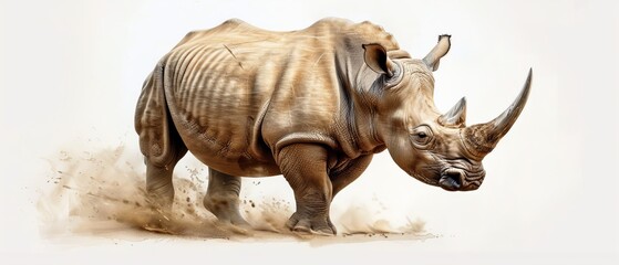 Fototapeta premium A rhinoceros drawing is depicted against a pristine white backdrop, with plumes of dust emanating from its form