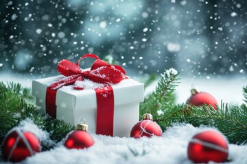 A snow-covered scene with a white gift box tied with a red ribbon, nestled among green pine