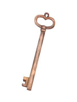 Rusty key bronze old element, subject. Watercolor hand drawn illustration. Vintage Castle, lock key. Retro style clipart for your design, gift card, decoration, scrapbooking. Isolated from background