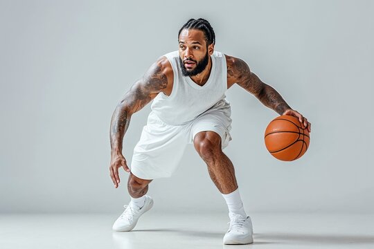 Athlete in white uniform dribbling basketball indoors. Generative AI