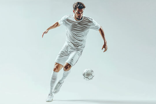 Athlete in white readies to kick a soccer ball indoors. Generative AI