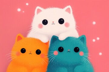 Fototapeta premium Three Cute Cartoon Cats Sitting Together on Pink Background