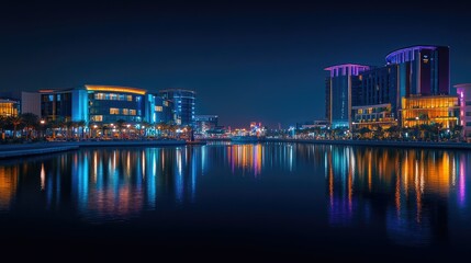 Festival City in Dubai at night, with the Hotel Crowne Plaza and Hotel Intercontinental glowing brightly, reflected in the waterfront.