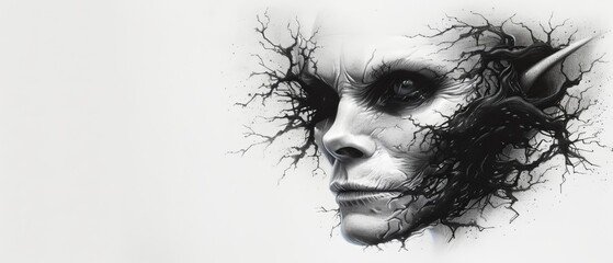  A monochrome image of a woman's face superimposed with branches emerging from it, and a demonic head protruding therefrom