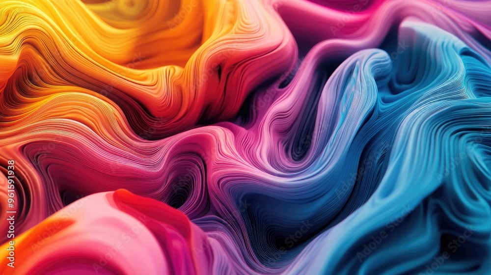 Poster flowing streams of vibrant colors in a 3d abstract design, forming an intricate fluid pattern that c