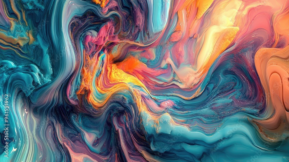 Poster flowing streams of vibrant colors in a 3d abstract design, forming an intricate fluid pattern that c