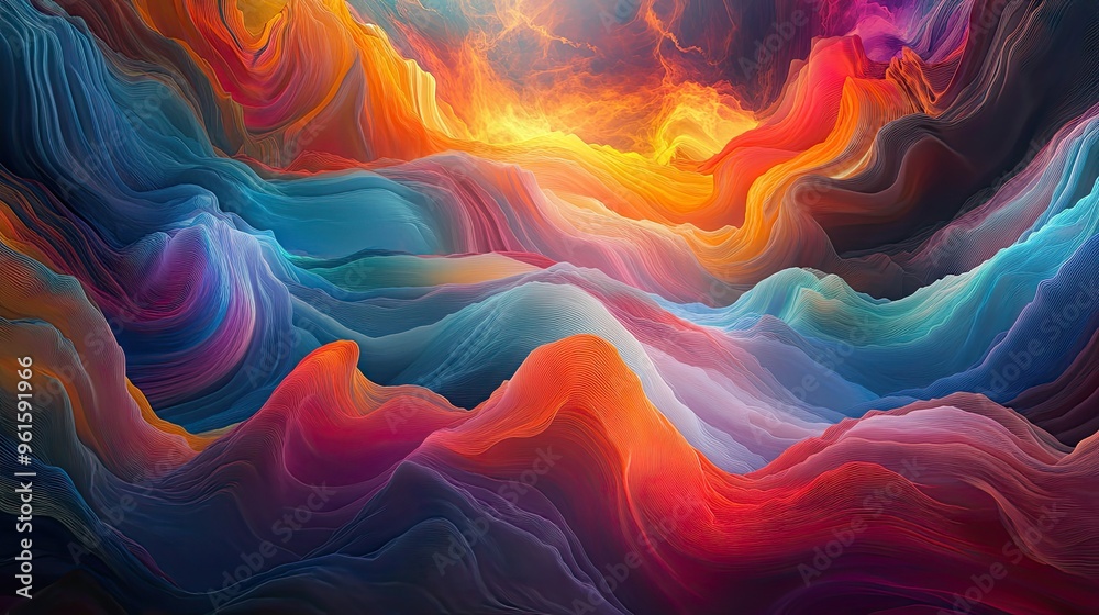 Poster flowing streams of vibrant colors in a 3d abstract design, forming an intricate fluid pattern that c